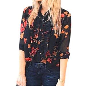 Cabi Chic Black Floral Ruffle Button Down Up Blouse Sheer Fall Professional